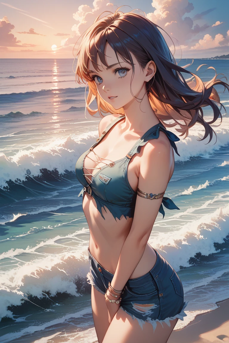 a beautiful kitsune woman, kitsune ears, kitsune tail, blue eyes, wearing a sexy bikini swimsuit, tanned skin, anime style, full color, red hair, detailed face, flawless skin, intricate and detailed clothing, 8k, ultra-detailed, masterpiece, vibrant colors, natural lighting, anime composition