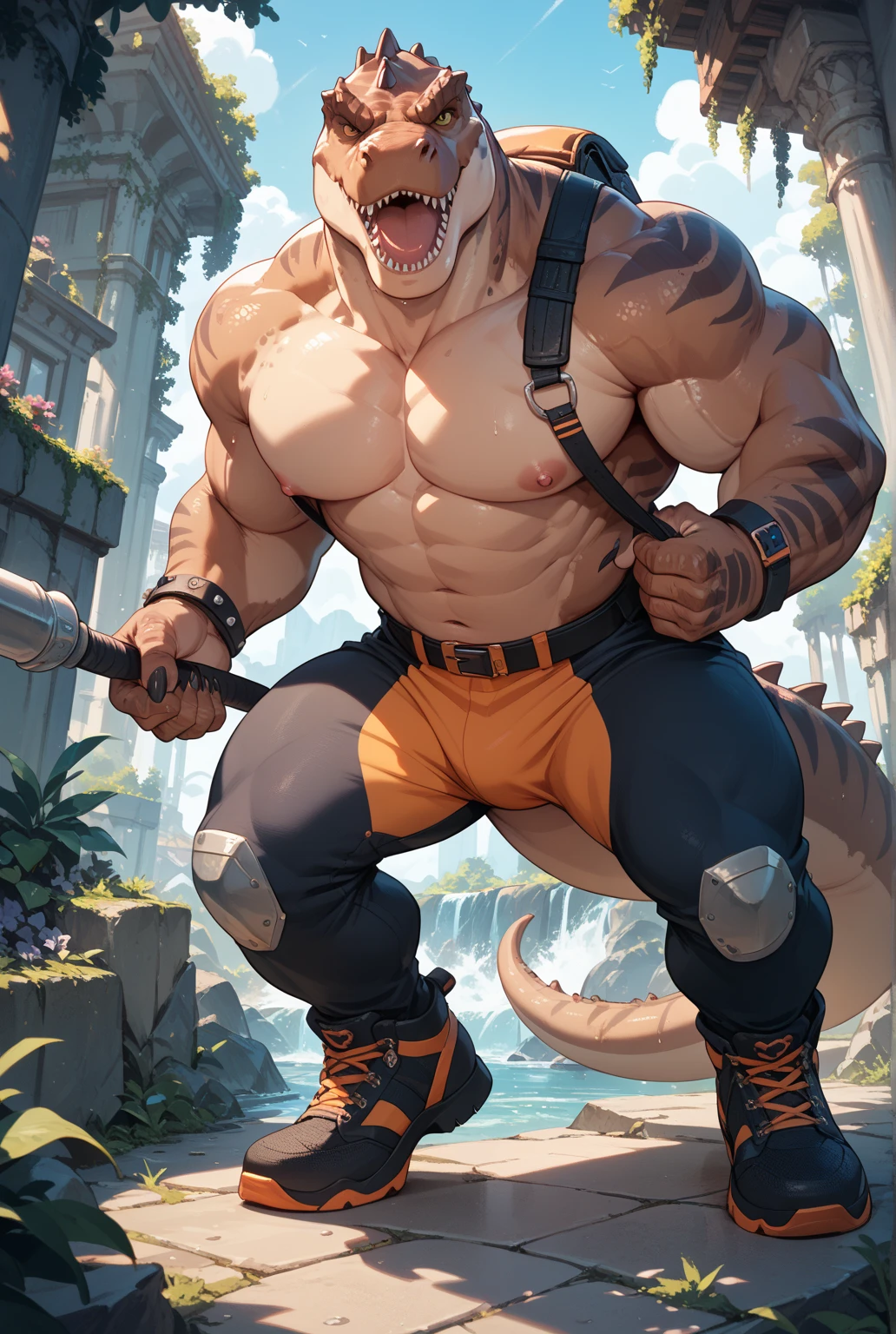 Solo, male, alligator, long snout, sharp teeth, fangs, thick face, wide face, broad shoulders, muscular, buff, strong, tall, giant, massive, enormous, gigantic, big biceps, big pecs, brown body, brown skin, yellow eyes, detailed crotch, big bulge, by darkgem, by mystikfox61, by chunie, by Vader-san, standing on a bridge in front of a small fantasy town with cobblestone buildings, (((white spacesuit)))