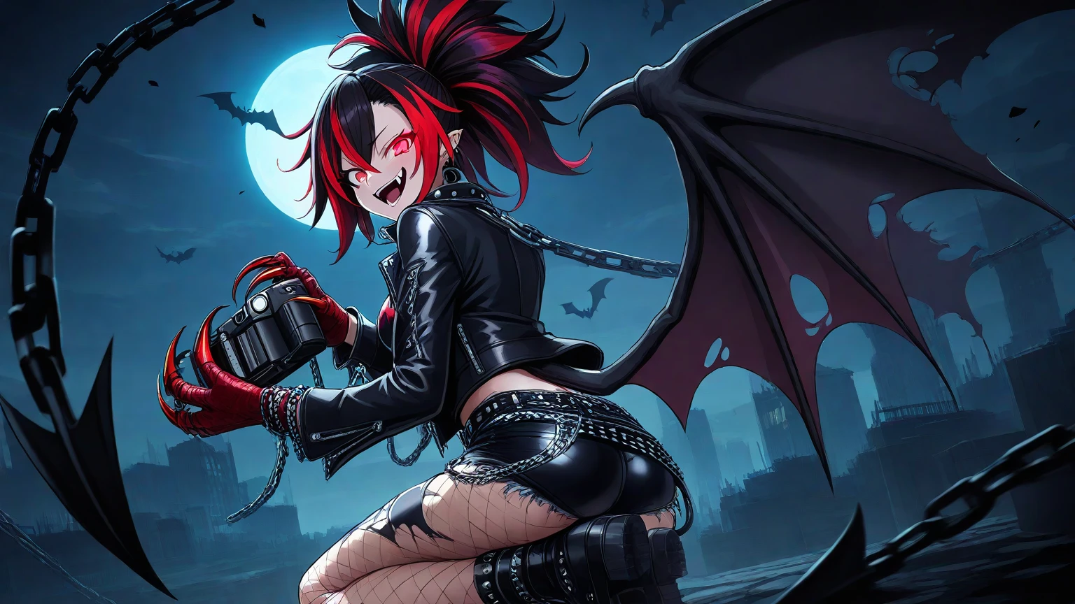 Demon, red, sharp teeth, male, black-red horns.