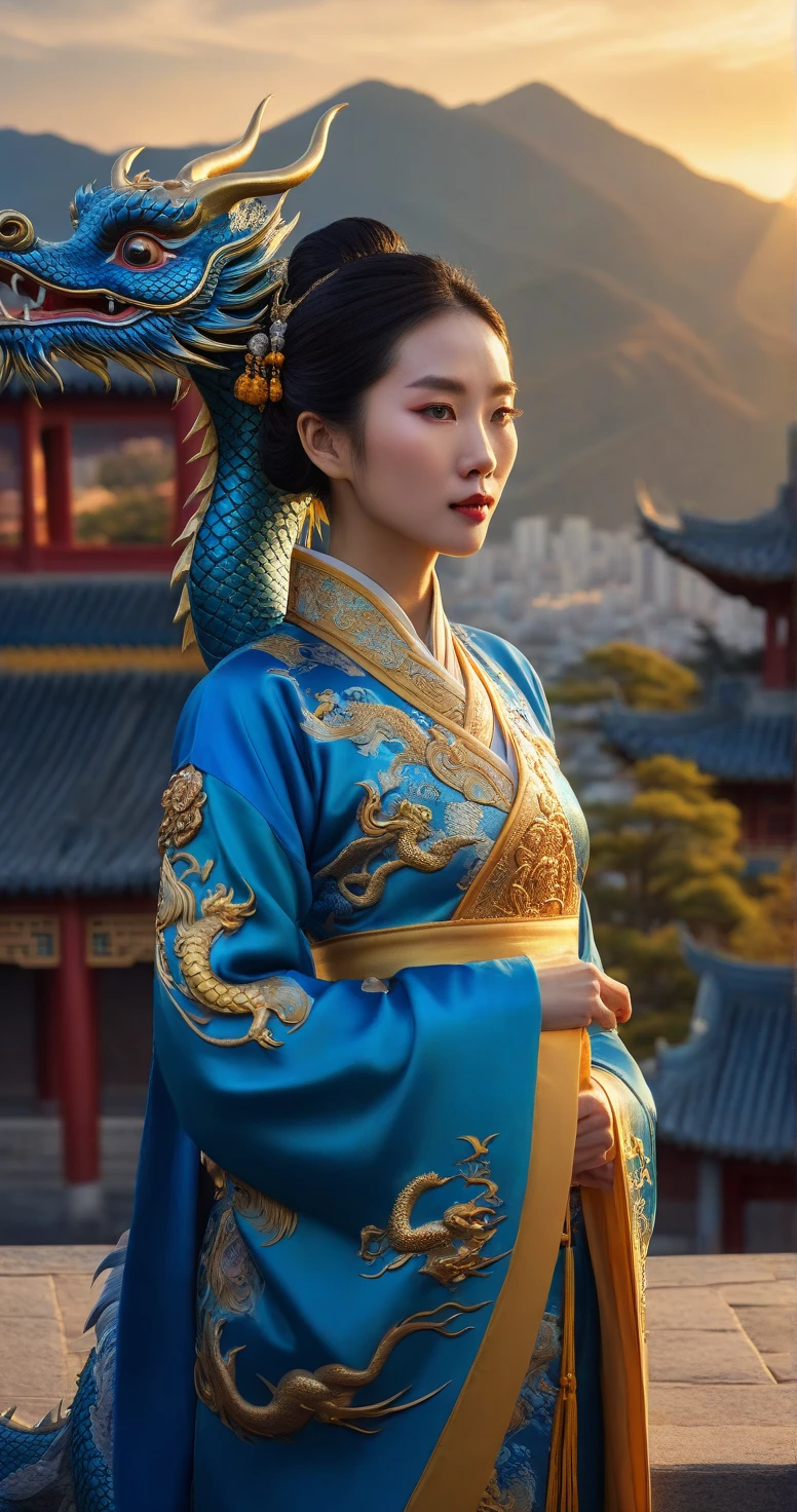 cinematic still Amidst the red walls of the Forbidden City, with its golden roofs gleaming under the sun, an asian woman in a royal blue robe with golden dragon motifs walked. Her attire, reminiscent of the empresses of yore, made her a moving masterpiece, echoing the grandeur and history of dynastic China.. emotional, harmonious, vignette, 4k epic detailed, shot on kodak, 35mm photo, sharp focus, high budget, cinemascope, moody, epic, gorgeous, film grain, grainy, cinematic, extremely, fabulous colors, artistic, perfect intricate, beautiful scenic full light, great composition, atmosphere, dynamic dramatic ambient, creative, lively, elegant