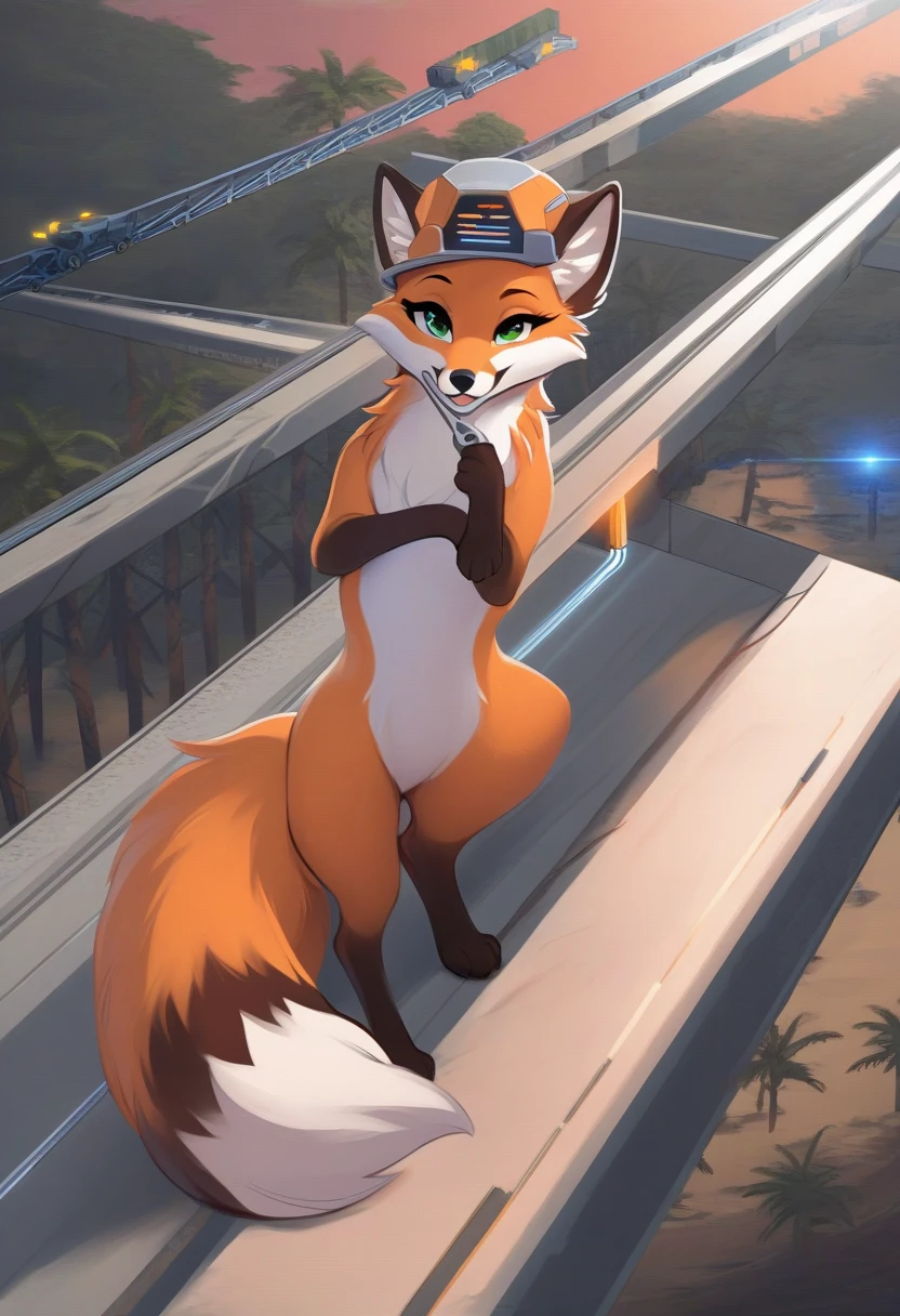 A birds-eye view of a horny, furry, thicc, femboy and cute giga giant fennec fox with fluffy dessert coloured and white fur, a giant fluffy tail, yellow glowing eyes with black vertically slit pupils and short messy and floofy black bed hair wearing a thick black dog collar with a yellow glowing heart-shaped charm, black harnesses, a tight black thong with a giant bulge and black thigh high socks with white stripes laying on top of a microscopic land in a sexy way as he crushes the mountains and land beneath him while sticking his tongue out in a playful manner (sunny day) (tiny earthly landscape surrounding him and in the background) (tiny mountains) (multiple tiny cities scattered)