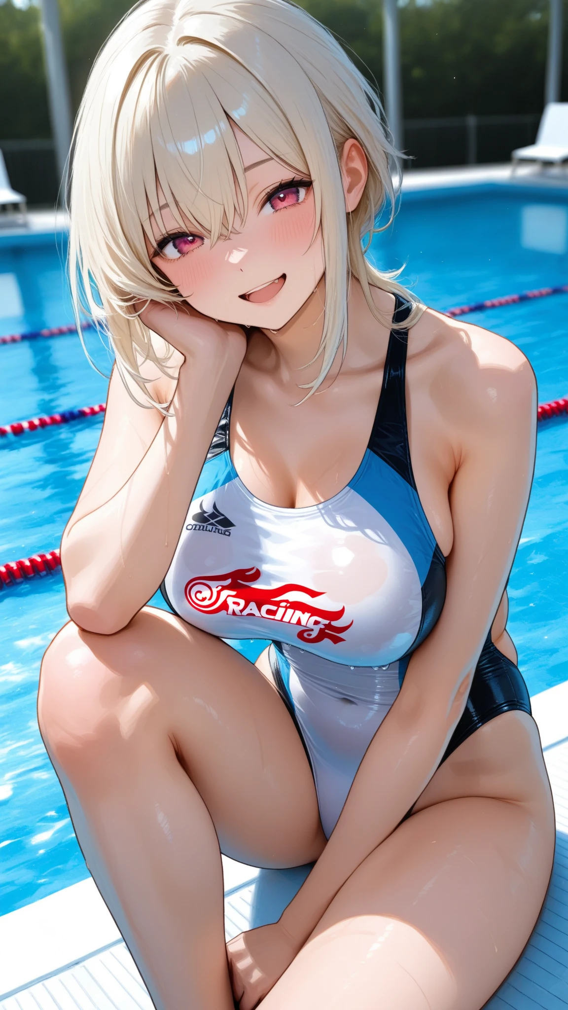 camel toe:1.4、erect nipples、(Sweat)、(vapor)、(((long gloves:1.3)))、brown loafers、black calf length socks、Open your thighs wide to the left and right、Squat on the ground、show off your crotch to the viewer, ((latex competitive swimwear:1.3、High leg、squat, spread your legs:1.3, arm behind head ))、12 years old、absurd、blonde straight long ponytail hair、flat lighting、elevation angle、sexy pose、highest quality、Complex、surreal、perspective, very detailed, detailed background, shape、1 girl、alone、blue eyes、slanted big breasts、light smile, embarrassing, blush, ((outdoor poolside)),