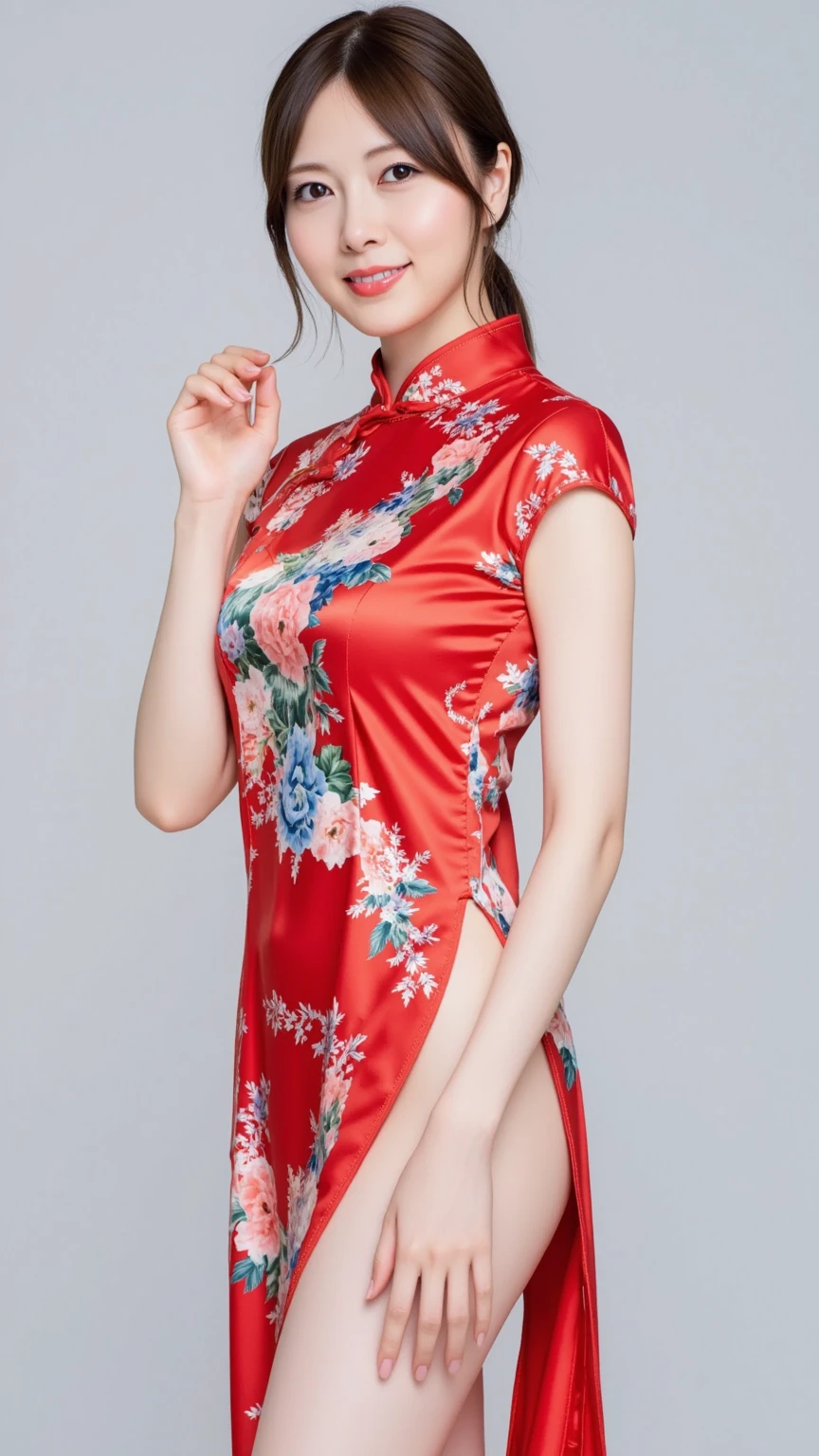（8K、Raw photography、Highest quality、masterpiece：1.2),(Black Hair、Dark Eyes:1.9),(Red Chinese Dress:1.4)、View your viewers,Front view,White skin,(Double Bang:1.3)、(Tight waist:1.6)、(Clothes that accentuate the shape of the breasts:1.0)、(Big Breasts :1.3)、Slim figure、Ultra-high resolution,beautiful,beautiful fece,(One person、No background:1.9),whole bodyボディー,Japanese women,（reality的：1.37）、Photon Mapping,reality、(Baby-faced and cute: 1.4)、(Cute Smile: 1.8)、(Round face: 1.8)、Radio City、Physically Based Rendering、Depth of field rally background、photograph, (I can see your knees、Thigh close-up:1.8),（:1.6）,whole body、Great quality