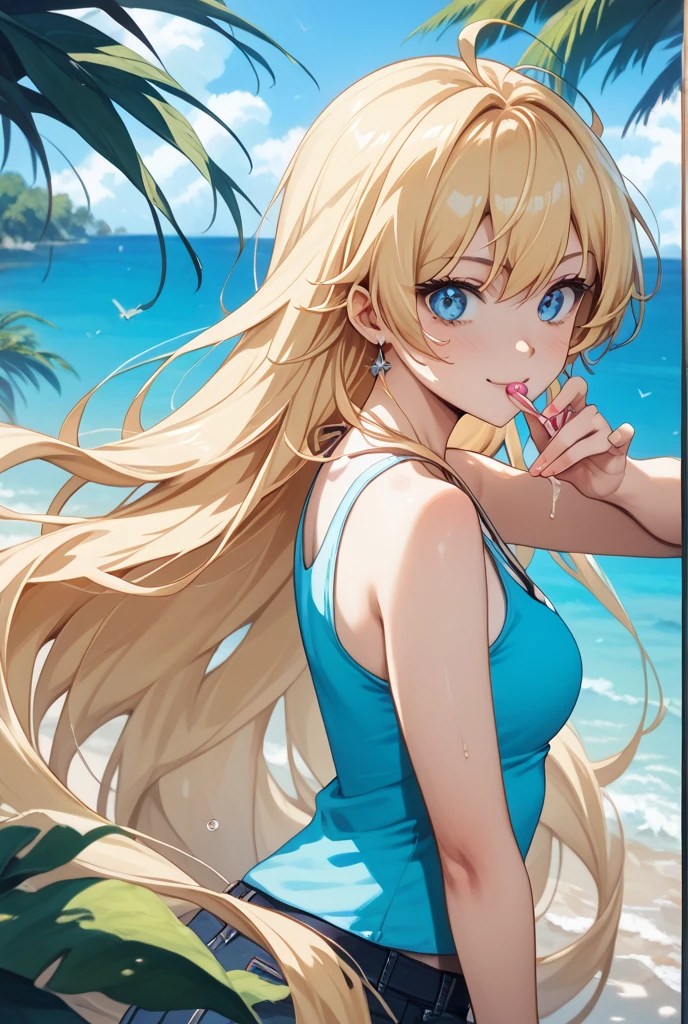 girl、solo、、swimsuit one piece、seductive pose、smile、beach、Playing with the waves on the beach、