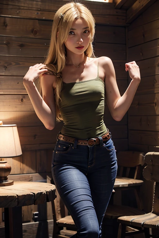 Pants, cowboy shooting, 1 girl, blonde hair, long hair, green eyes, alone, garlic,diaphragm, boots, Smile, navel,belt, Split, rest,