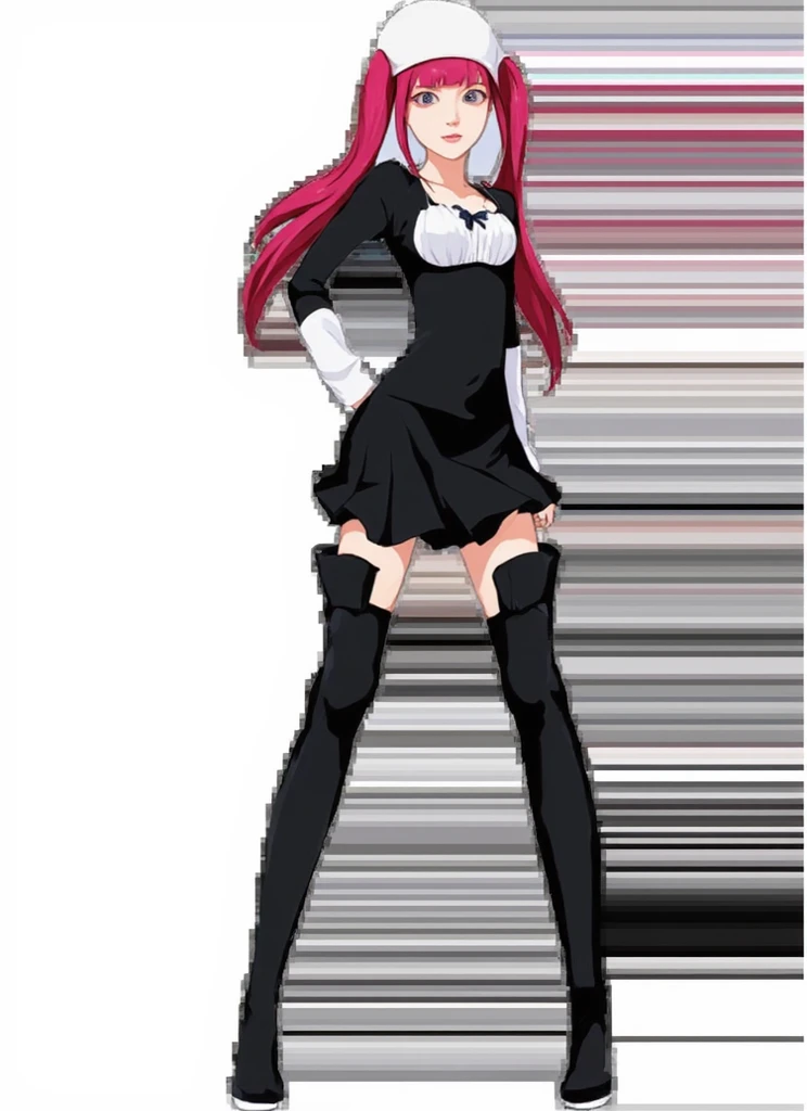 a redhead woman, very long hair falling to butt height. She is wearing a purple blouse that highlights her large breasts.. She has red fox ears, with the inside of the ears in light pink, and a red fox tail with a light pink tip. Only his left arm is completely tattooed. She has fair white skin and a slim body with blue eyes.