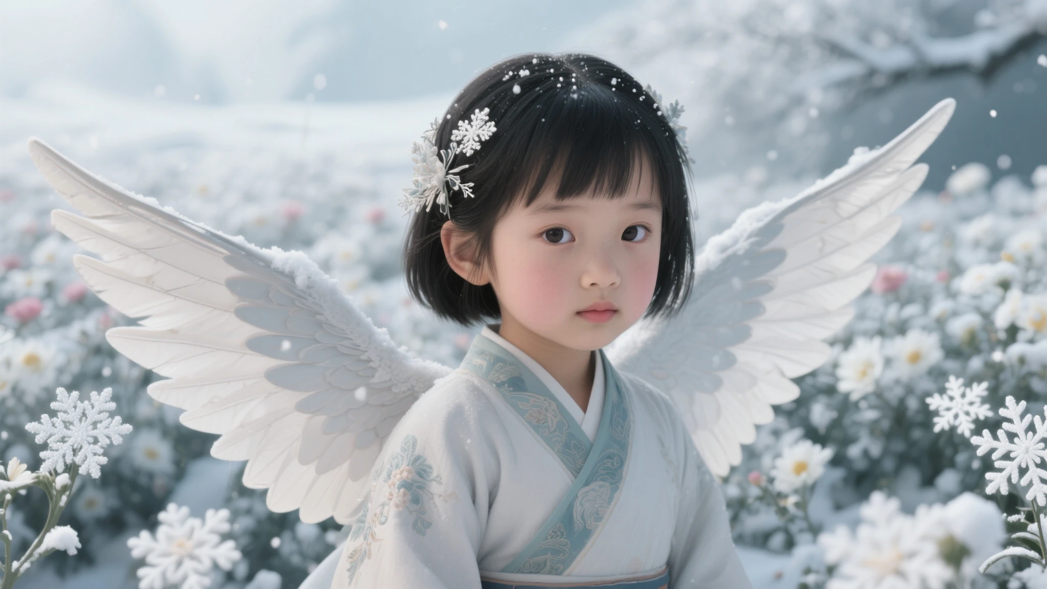 (Masterpiece),(Need),(Super meticulous),(all body:1.2),(A 4 year old boy,with long black hair,White clothes fluttering,Hanfu,Laugh,Stand beneath cliffs and waterfalls,chibi