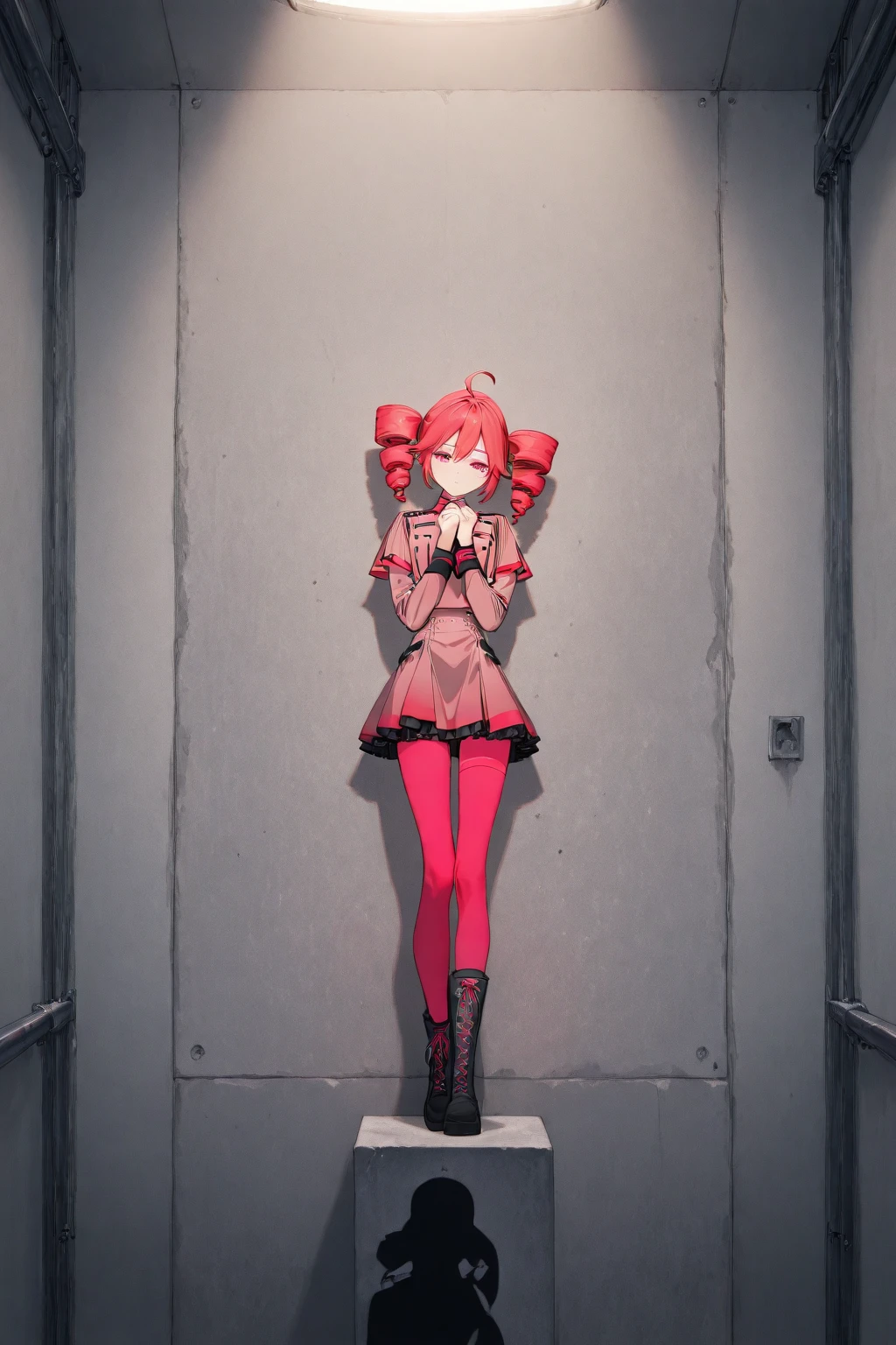 girl in a short skirt in knee-length stockings, red-pink hair,Twin Tail, full height, 3D wallpaper.