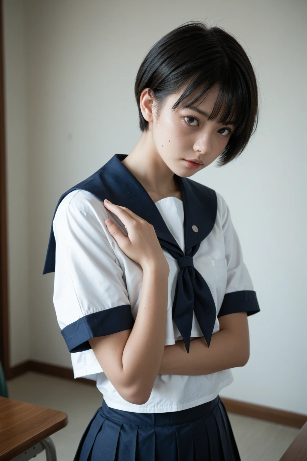 A cute girl is confined and tied up、A room with the lights on at night、Blue Skirt、Red short sleeve shirt、Are standing、The whole body from head to toe、Beauty、Age 25、Medium build、Outside the window is night、Like a photograph、