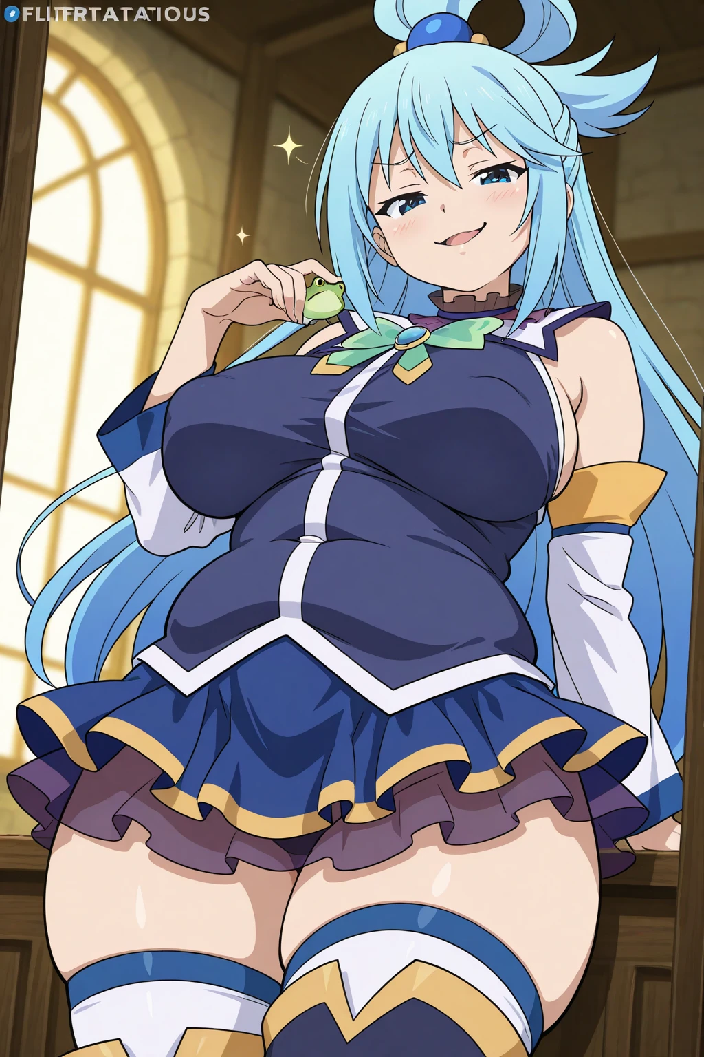 aqua \(konosuba\), ((highres)), Masterpiece, high quality, best quality, beautiful, perfect lighting, detailed face, ultra cute face, (blush), ((1girl)), ((solo)), Separated sleeves, skirt, thigh boots, Hair ornament, Hair ring, Long hair, blue hair, (blush), looking at viewer, standing, medium breasts, wide hips, thick thighs, living room, arms behind back