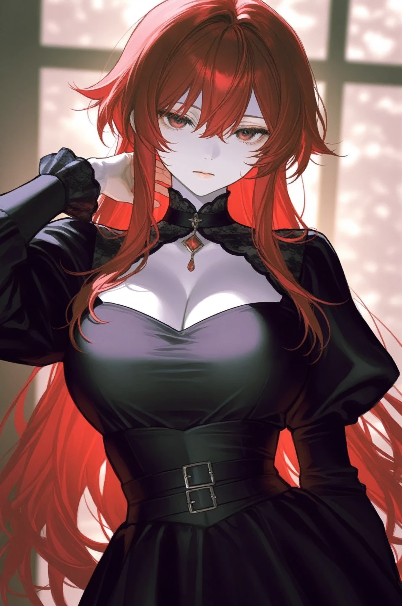 Masterpiece, Very detailed, Ultra-detailed, One, vampire-woman - pale skin, long red hair, blood-red eyes and detailed silver dress and with accessories on the head and body, with huge breasts and around the moon and stars, terrible and terrifying atmosphere