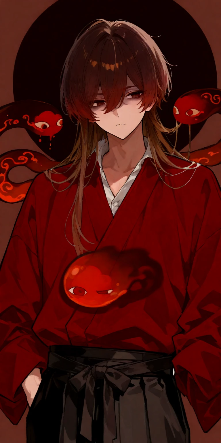 masterpiece, best quality,1boy, a man, male focus, red eyes, close-up, smile, long sleeves, looking at viewer, black hair, long hair, seductive, lustful, tunic, collarbone, tendrils, (tentacles:1) ,hair between eyes, yoshitaka amano character design, style by NTY, morbid, solo <lora:PsychoMode:0.7>, <lora:Cthulhu:0.4>, chibi, <lora:yuzusoft-chibiV2:0.6>