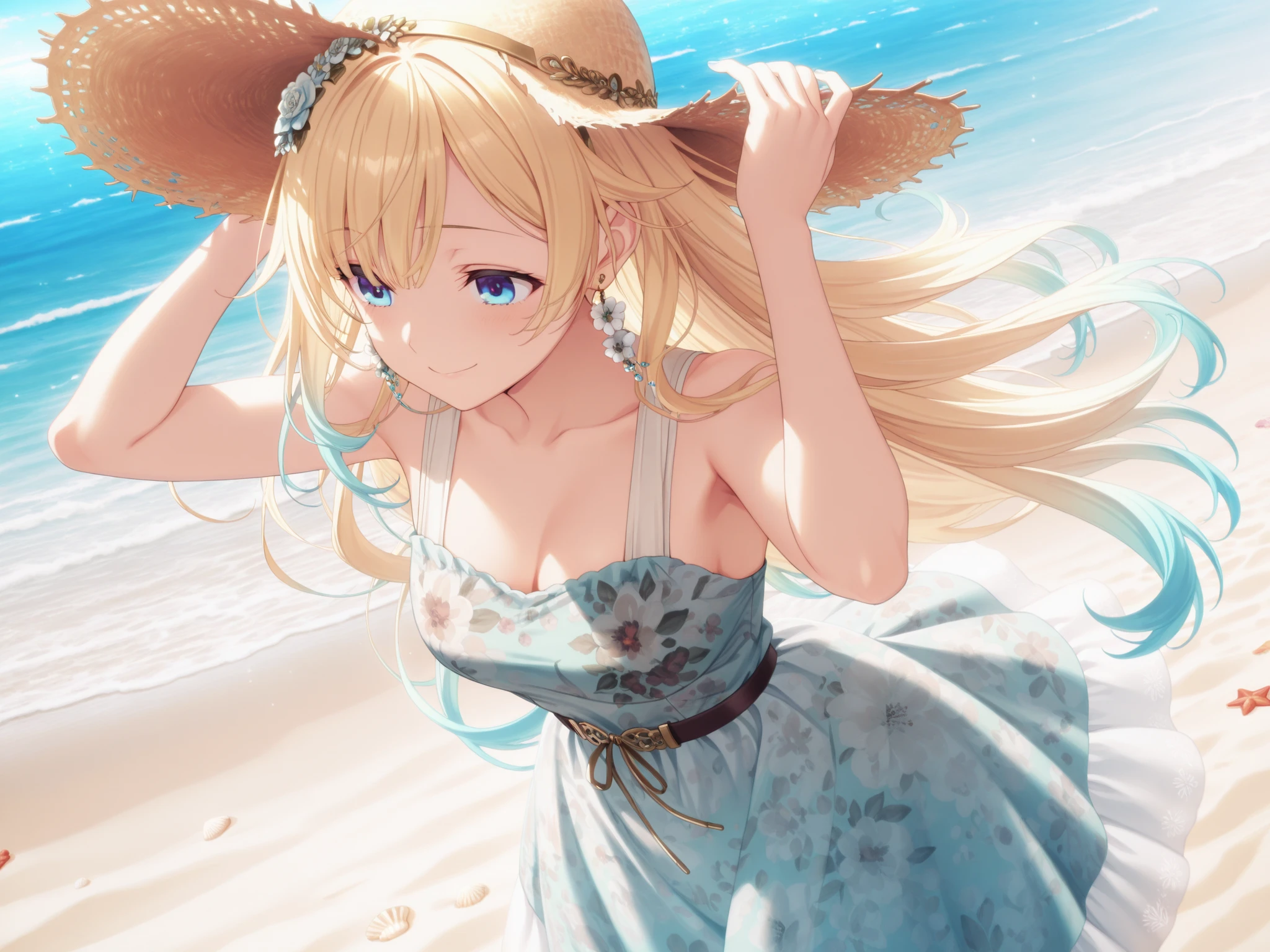 solo, cute girl, masterpiece, best quality, ultra detailed, summer dress, floral pattern, sun hat, sandals,
blonde hair, blue eyes, light smile, ponytail,
