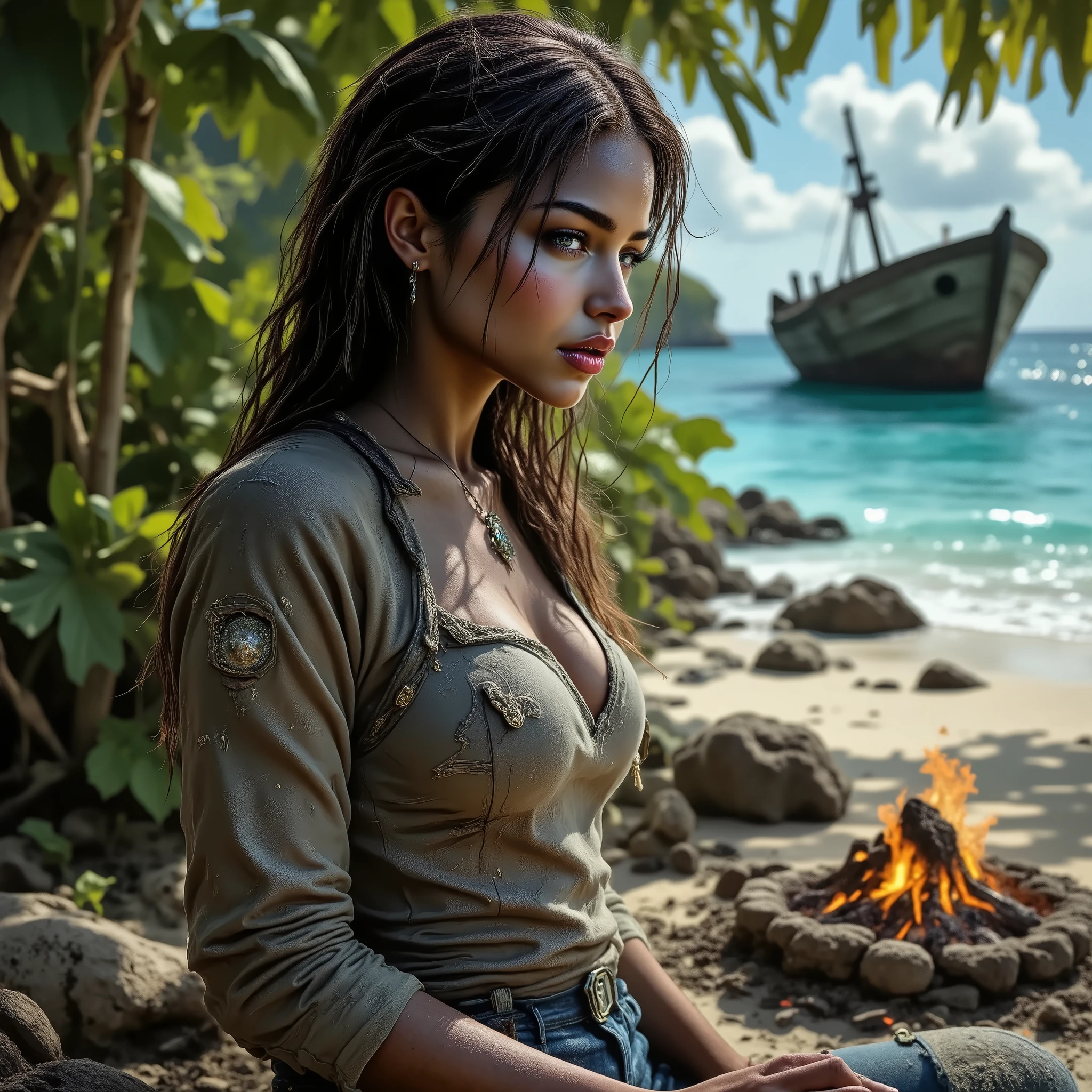 Young woman with messy hair, marooned, shipwrecked on a deserted tropical island, by the sea, beach, using a long stick as a wooded spear, sitting on a stone next to her trusty shaggy dog, her clothes are dirty and torn, camp fire, half sunken shipwreck in the background,