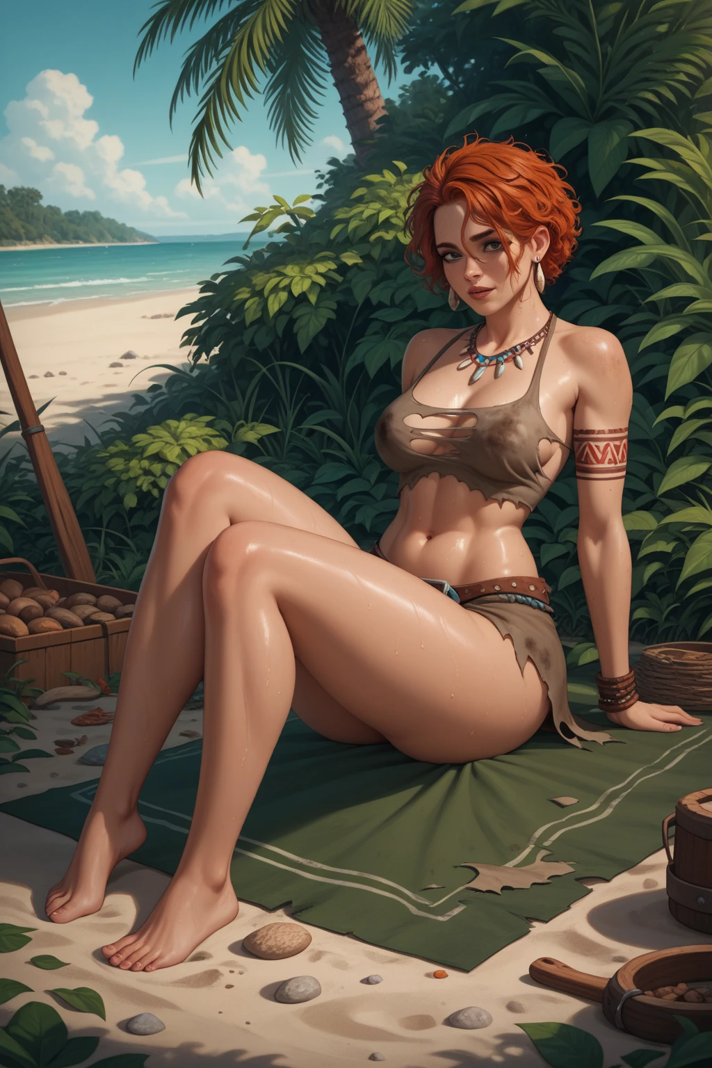 Christina Hendricks, masterpiece quality, realistic, daylight, wearing army fatigues, wearing combat boots, sweaty, on a military base, military tents in background, troops in background, jungle in background, sexy pose, small breasts, cleavage