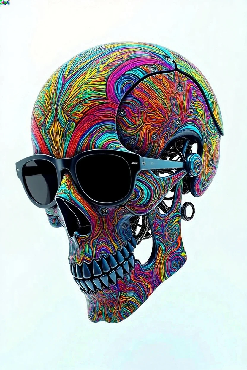 High quality, 8K Ultra HD, The cherry blossom pattern inside the skull is made of transparent glass crystals with geometric surfaces, high detal,ultra-realistic, shimmers with a captivating brilliance,Wearing sunglasses