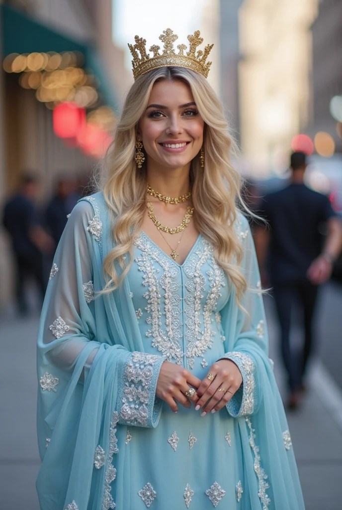 hires half body photo of a beautiful 25 -year-old desilatte  woman, American blonde girl, fitness freak, long blonde hairs, muscles, smiling, embroidered  western shirt dress, dynamic pose, highly textured skin, outdoors early morning time, background bokeh, deep cleavage, 