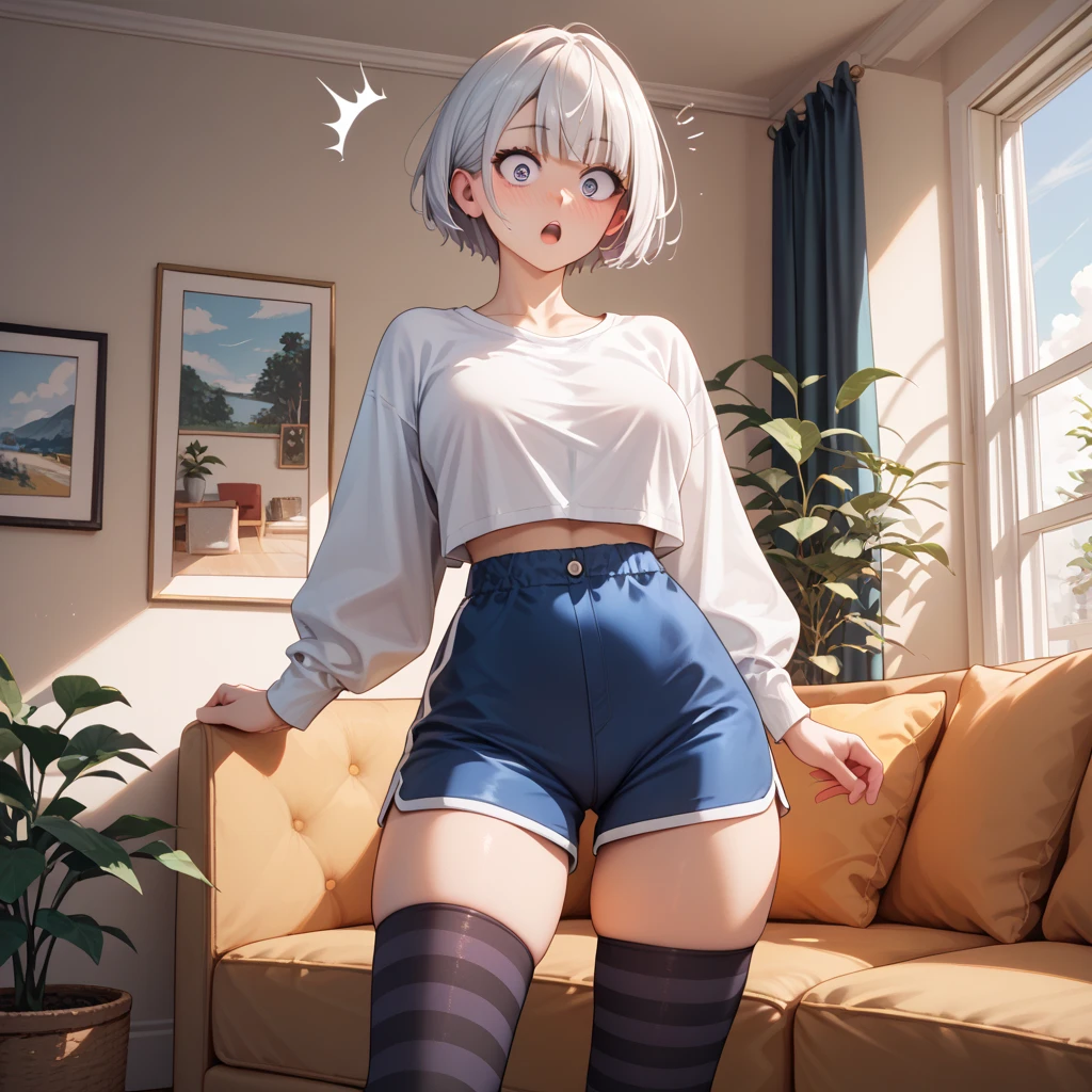 masterpiece,top-quality,Solo Girl,mature, a very cute, Larger hoodie costume,White clothes, a miniskirt,Hands on lips,Raw feet,pretty skin,Shortcut Hair,Ear hooks,blue-sky,Looking through the glass,white hair,odd eye。