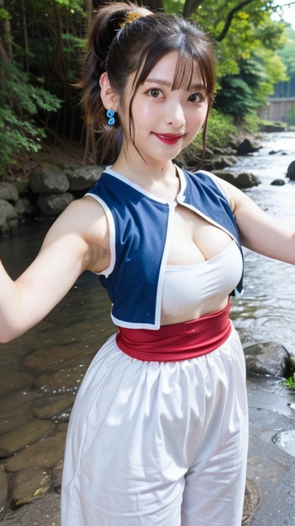 a woman wearing a super hero costume, with big breasts, her chest filled with , while walking in the middle of a rice field, with a sad expression