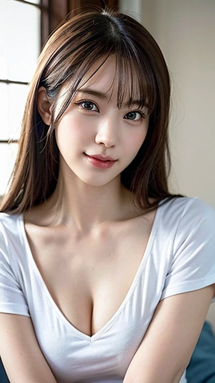 ((highest quality、Masterpiece、High resolution))、(((Zoom photo of upper body)))、(A shy smile:1.2)、One woman、Beautiful Skin、Beautiful Eyes、Cleavage、Cat ears headband、Nurse uniform、Black Hair、Trimmed bangs、Straight Hair