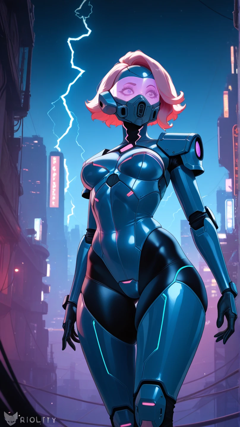 TimBurton Animation A futuristic businesswoman in formal cyber armor who is tough and impenetrable, holding a huge abstract alien gun with some neon lights and a stylish visor that covers her eyes because she is blind, and the display has neon square OLED screens and she has a menacing smile, and some faulty pixels are raining on your suit/armor as she points her gun at the roof of a future city