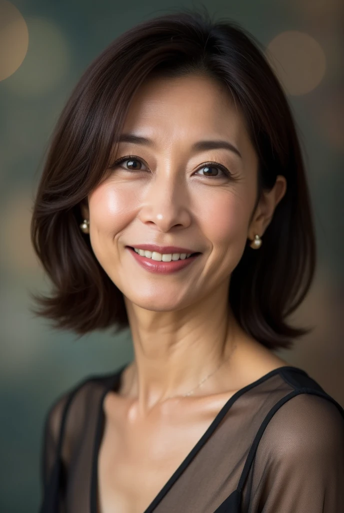 Close-up portrait of a glamorous mature Japanese woman in her late 40s ...