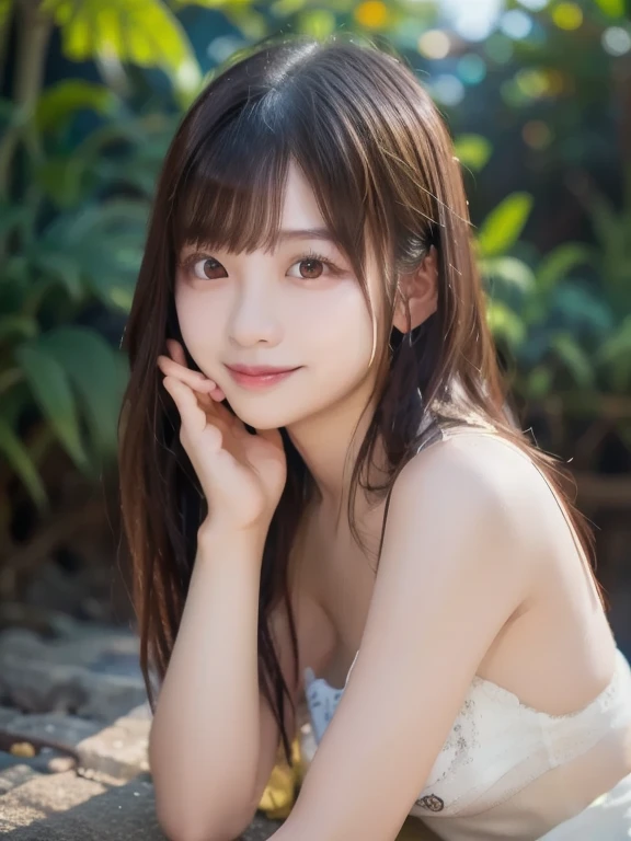 Highest quality, Face Focus, Soft Light, Ultra-high resolution, (Realistic:1.4), RAW Photos, 1 Japanese girl, cute, (A shy smile:0.9), (Brown eyes, light in your eyes), Beautiful face in every detail, (Small Box),(High resolution detail of human skin texture), (Long Hair),outside,one piece