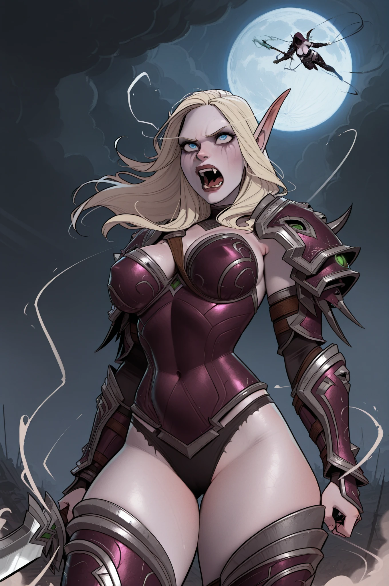 photorealism:1.4, masterpiece, best quality, highres:1.2, red eyes, blonde hair, sylvanas windrunner, 1girl, solo, elf, bikini armor, navel, navel piercing, pointy ears, hood, undead, glowing eyes, large breasts, blue skin, cleavage, quiver, boots, shoulder armor, indoors, dark interior, dark crypt, ancient crypt, candles, tombs, standing, sexy pose, legs together, leaning forward, leaning to the camera, curious, opened mouth