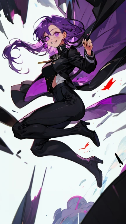 Long purple hair,The face is delicate,Wearing a uniform,Wear black pantyhose on the legs,Wear black high heels on your feet