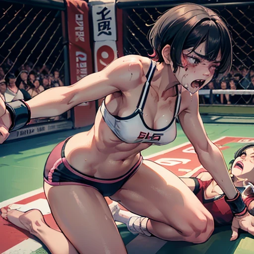 A bloody, bruised, sweaty Japanese girl fighter and a musculer lady fighter are fighting each other in a octagon ring. the girl is lying down. the girl is knocked out by the lady. the girl has short-cut black hair. the girl is crying. Both eyes closed. Short of breath. Drooling from the mouth. sports-bra. high-leg shorts. Open finger gloves. Erect nipples.