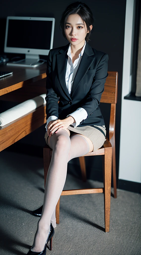 short detailed hair,mature,Heavy makeup,Clear flesh-colored pantyhose,wearing shoes,Office uniform set,in a school,wears glasses