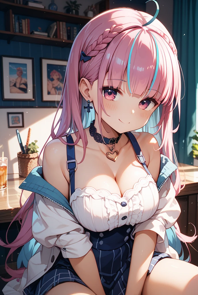masterpiece, highest quality, Very detailed, High resolution, An expensive solution, High resolution, 4K, 8k, unity 8k wallpaper, Very detailed CG, masterpiece,  Realistic、 Beautiful details, depth, Fine texture, highest quality: 1.3, Total concentration, Crisp skin, he, Very cute anime, Cute like an idol, expensive pink long hair, One Girl,bikini、big breasts、Waikiki Beach、Diamond Head , 、 hibiscus hair accessory, smile、long pink hair, whole body, Mole under the eye, Line Sight, expensive, blush, Lips parted, heart, Pink Eyes, choker