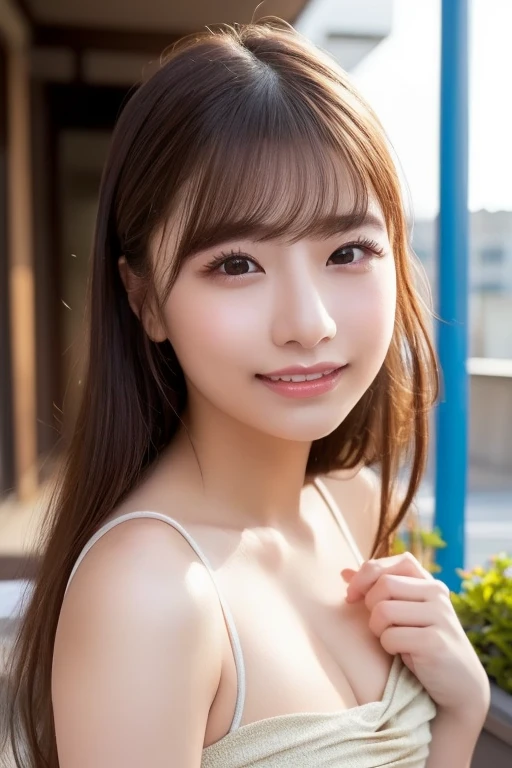 High resolution, High resolution, Japanese Girls, beautiful, very cute, Big eyes, The breasts are very large, Superior Quality, Highest quality, Very detailed, Realistic, 8k, RAW Photos, Highest quality, masterpiece, Attractive girl, Awesome girl, Sophisticated, smile, Long Hair, Brown Hair,Wear a swimsuit,Sparkle Effect,