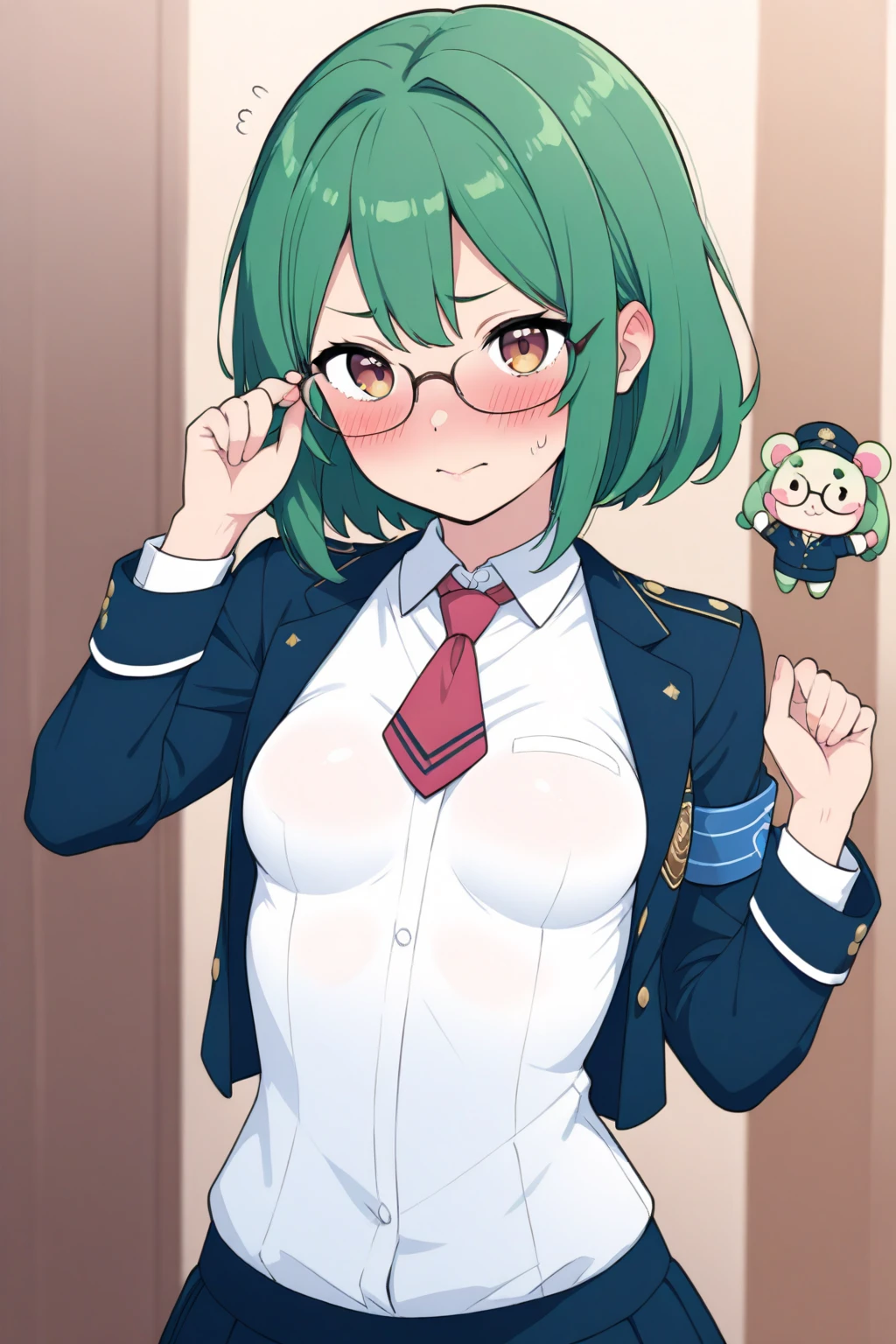 Koishi Komeiji Uniform, only the button on the chest part is undone, glasses, black mask, ahegao, peace, female brat, sex, inserting dick into pussy, , straddling a man