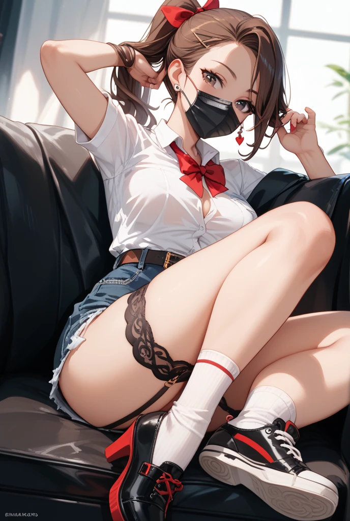 Girl sitting near the window, bright light high contrast, white shirt opened, red lingerie, sexy pose, legs spread, red reading glasses, stockings, screaming, crying, hands in handcuffs