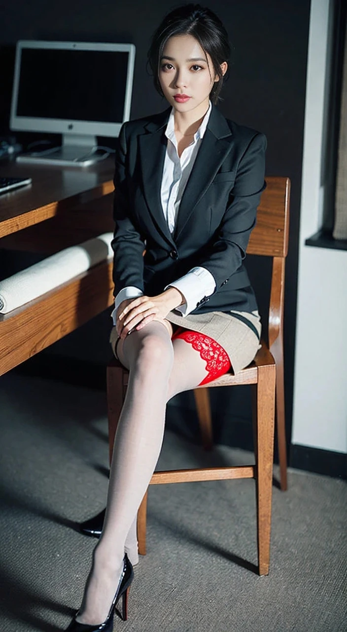 Top Quality, Photorealistic , 8k, High Definition, 1 girl, Female, (medium breasts: 1.8), Office, Pubic hair visible, Grey suit, No panties, Skirt boldly pulled up, At work (((sitting at desk and legs wide open)), Knees bent and legs open, Little short hairstyle, Stockings, Red sheer panties