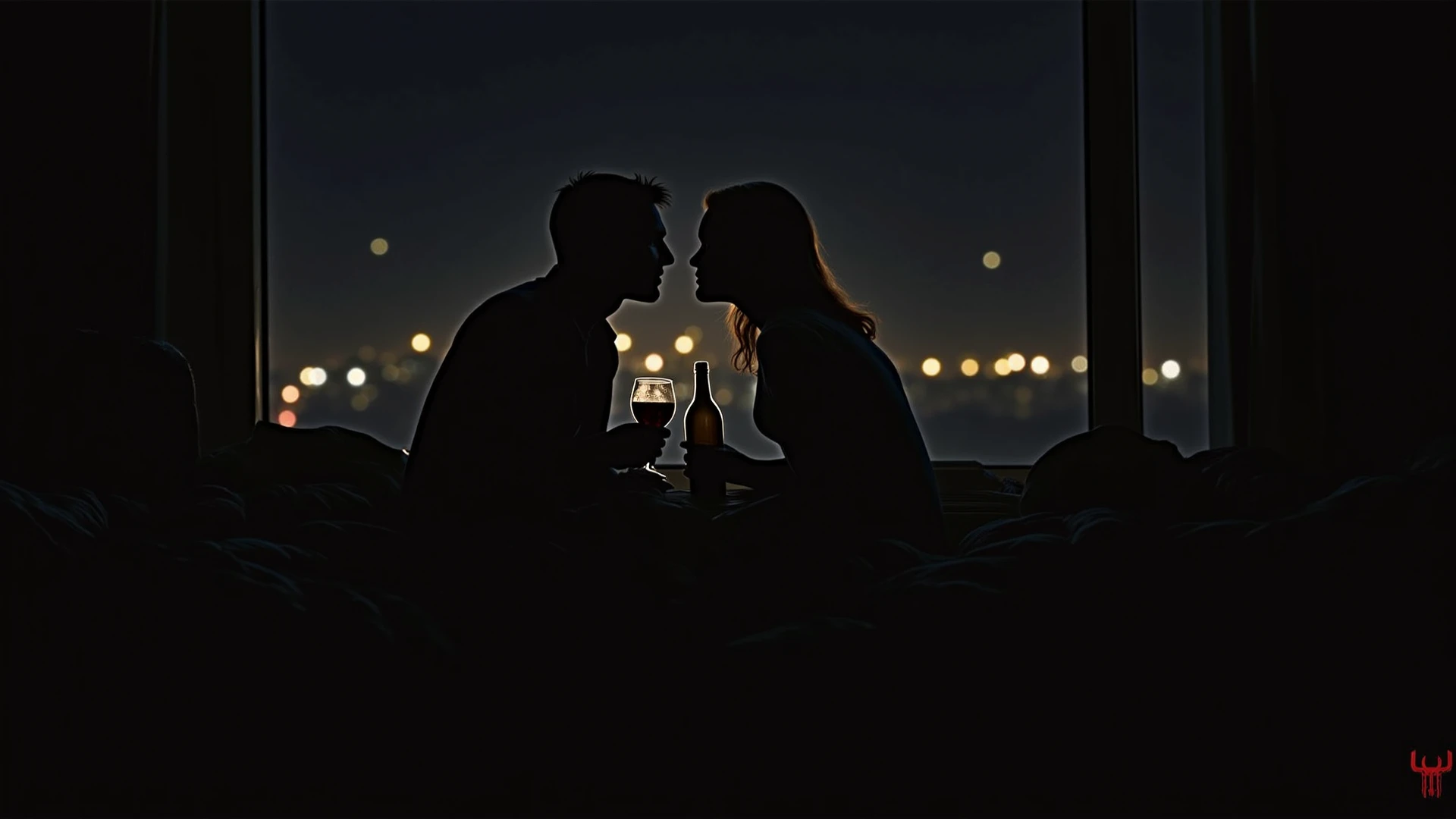 Side silhouette under streetlight, Beautiful couple of a black man and black woman, on a date sitting on a floating couch at sea, full moon beside them, shadow high contrast,  movie lighting, Enigmatic Atmosphere, theatrical shadow,  Artistic medium: painting [The color is black, theatrical, high contrast], best quality, Super detailed, Realistic style, Monochromatic color palette, Moody light, Chiaroscuro effect, Intricate shadows, superb brushwork