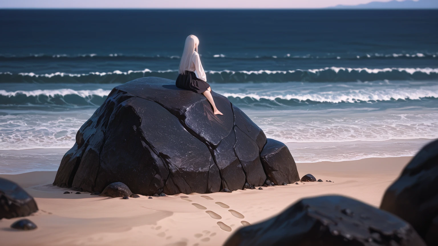 award-winning photography, extreme detail, shallow depth of field, close-up on a single worn, hand-carved wooden figurine sitting on a smooth black volcanic rock at the edge of a deserted island beach, footprints in wet sand leading away into the distance, vast empty ocean horizon at dusk, soft mist, sense of profound isolation and mystery, hyperrealistic, 8k, HDR, --ar 16:9