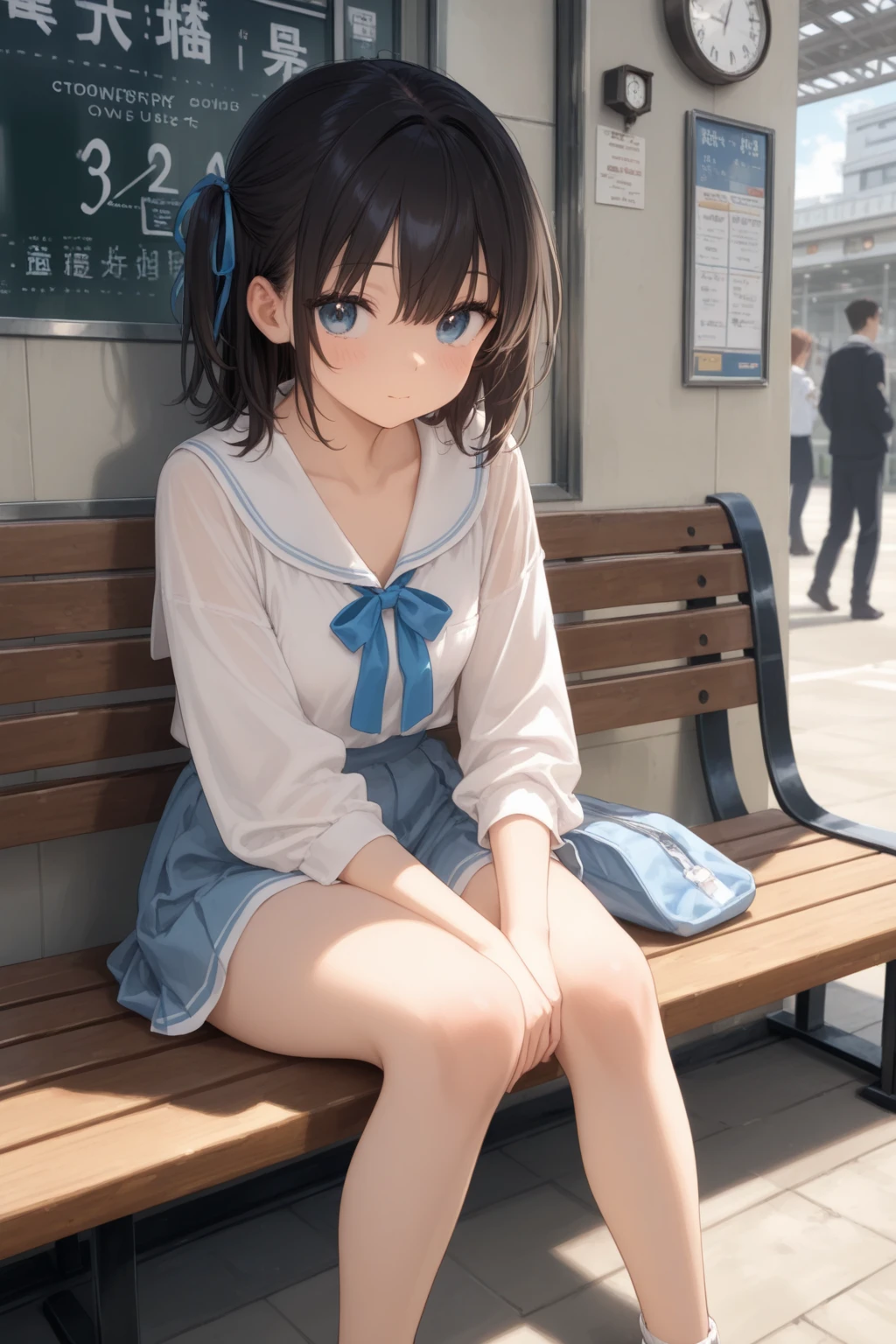 (highest quality), Super detailed), (Ultra High Resolution 8K), High-definition facial beauty, ((Skirt Lift)), A plain girl with glasses, (Big Breasts), ((Check below)), Detailed sailor suit, Showing panties , (Blushing, Embarrassing:1.4), Very hot day, Shade, ((Station platform, Sit down)), Panties that are damp, Makoto Shinkai Cyril Rolando