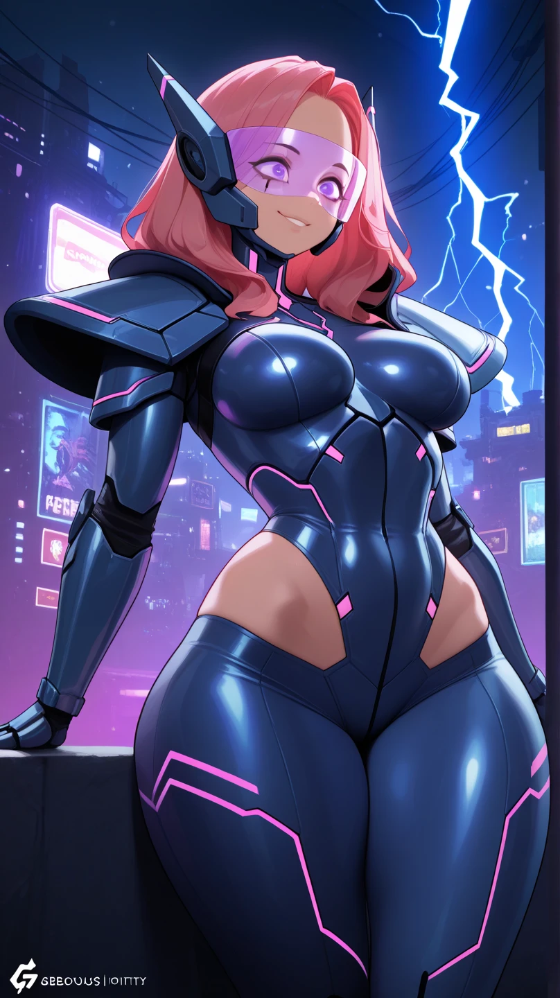 Perfect face. Perfect hands. A pink haired woman with violet eyes with an hourglass figure is wearing a black superhero outfit on a rooftop at night with a big smile