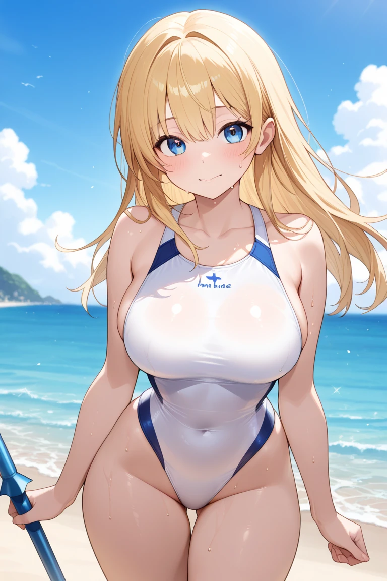 1girl、(((best quality)), ((masterpiece)), (details), masterpiece, best quality, high quality, ulutra detailed, perfect face, ((1girl, blond eyes, tiger ears: 1.3 blond long hair: 2.5,Mole under left eye:2.0))、Shiny Hair、Glowing Skin、Lustful look、Large breasts、Lie face down on a surfboard、surfing、smile、Rash guard、Shorts swimsuit、Ocean、Ocean上、