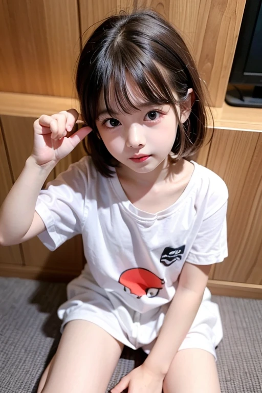 8K,Japanese,10 years old,innocent face,teenage girl,cute,summer clothes,everyday wear,sitting,black hair,bed,hair clip,There is a stuffed animal