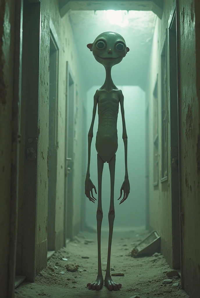 photography of an alien sgasgard portrait, realistic, movie scene, cinematic, dramatic light, back light, standing in a corridor