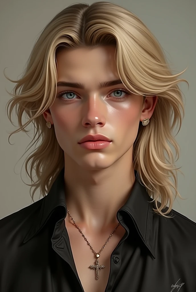 18-year-old male teenager, with very short, almost bald, wavy blonde hair, with white background, dark brown eyes, fair skin and brown blonde eyebrows