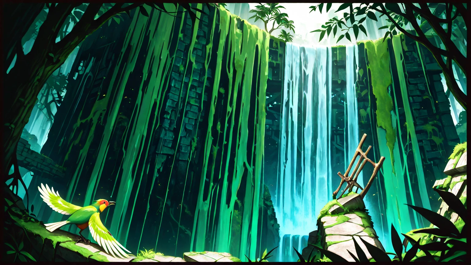 wide angle landscape, overgrown ruins of survival on a lush volcanic island, aerial view (slightly high angle), thick jungle canopy reclaiming a small clearing: remnants of a stone wall foundation, a crumbling smoke-blackened hearth, primitive wooden tools overgrown with moss and ferns, a skeletal figure of a small animal caught in a vine-covered snare, bright tropical birds in trees, waterfall in distance, vibrant green foliage, misty mountains, cinematic, realistic, detailed environment, 8k, --ar 16:9