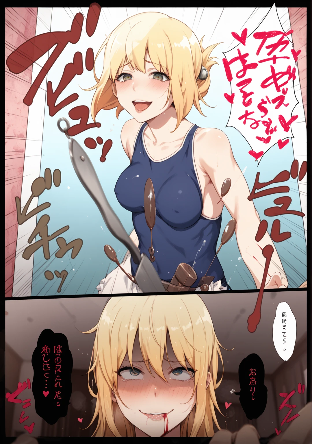 1girl,  nsfw,  houjousatoko, short hair, blonde hair, purple eyes ,hairband,  empty eyes, large breasts, nipple, Walking, Abandoned Hotel, frozen, wet, crying,  Naked,  (1girl)  Blank look, solo, , Peeing, lactation, projectile lactation
