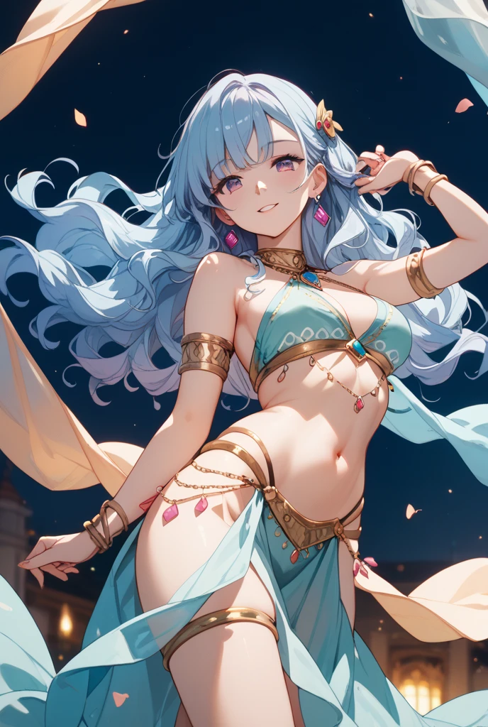 high quality, super detailed, 最high quality, Extremely detailed, beautiful, masterpiece, 1 girl, plaza, medieval europe, cowboy shot, red eyes, long hair, light purple hair, (belly dancer, harem costume, pelvic curtain:1.2), purple costume, barefoot, circlet, earrings, bangle, bracelet, shy smile, dancing, big breasts, cleavage, soft belly