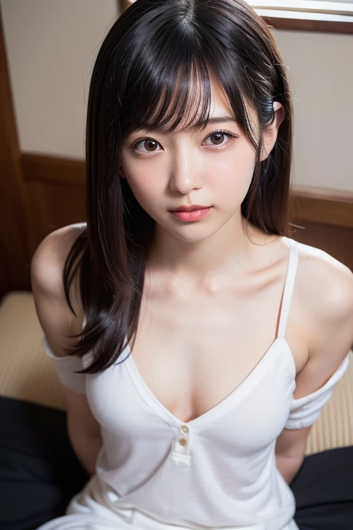 ((Dark interior with conspicuous neon lights、No window、Alcohol is displayed、dark room:1))(Photoreal)、(Super high realism)、(ultra high resolution)、(Ultra high definition)(((bright smile))) (14 year old girl、super cute face, natural makeup)(fair skin、beautiful skin、Extremely realistic texture)(sparkling eyes、realistic eyes)(brown hair、thin hair、moist and tidy hair、shiny beautiful hair、Long straight hair up to the waist、hair behind ears、extremely detailed hair)((Long piercings))beautiful breasts、beautiful cleavage、thin waist、constriction、big ass(turtleneck knit dress、Holes in the chest、micro mini)((Neon tubes on the background))(erotic pose))((((From directly above、full body shot))))((((Bed、sleep:1、put your head on the pillow))))