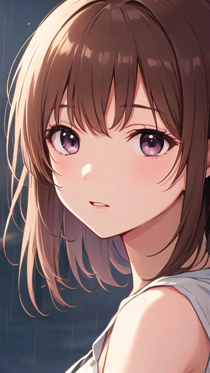shooting from above, cinematic angle, looking up, (Placing hand on face:1.2), real person, RAW photo, photorealistic, portrait photography, shiny skin, japanese idol、A 25-year-old woman with bright chestnut bangs.、(long wavy hair) and (pink eyes), (wearing an orange off-shoulder blouse:1.2), (smile:1.3), (nose blush:1.1), Dining table in the background、food on a plate、Alone