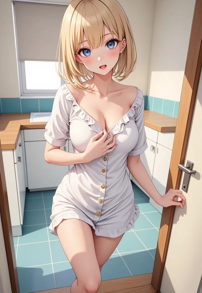 (masterpiece:1.2), very detailed face and eyes, (Photorealsitic:1.2)、 (FULL BODYSHOT:0.5)、ultra-quality、ultra-detailliert、Perfect drawing、animesque、charming anime girls,、beautiful alluring anime woman、Smooth Anime CG Art、独奏、Naked Beauty、(jeanne d'arc (Fate Grand Order))、cowboy shot、(frombelow:1.5)、Classroom、Chest sticking out posture、((legs wide open))、((middlebreast:2.0))、Pee splashes from the crotch(2.5)、((open-shirt))(No panties 、No bra)、embarassed expression、Blue eyes、Moisturized eyes、swimming pools、thin cloth、red blush、light from the front、Light ahead、clearface、The pubic area is clearly visible、((Areola showing through))、((Sweat))、slender、((a blond))、Sexy face、((Layered Hair Style、Medium Breath:1.2))、short-hair、The angle of movement